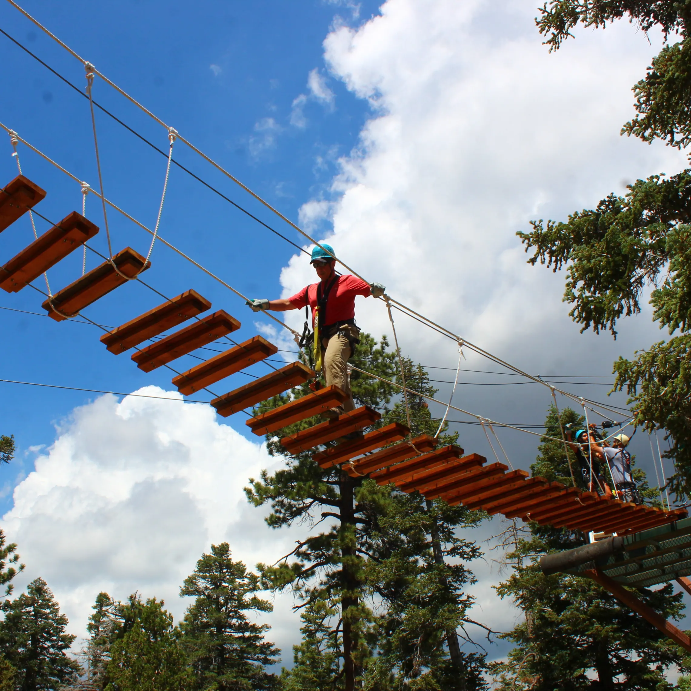 Man walking on bridge elevated above the ground